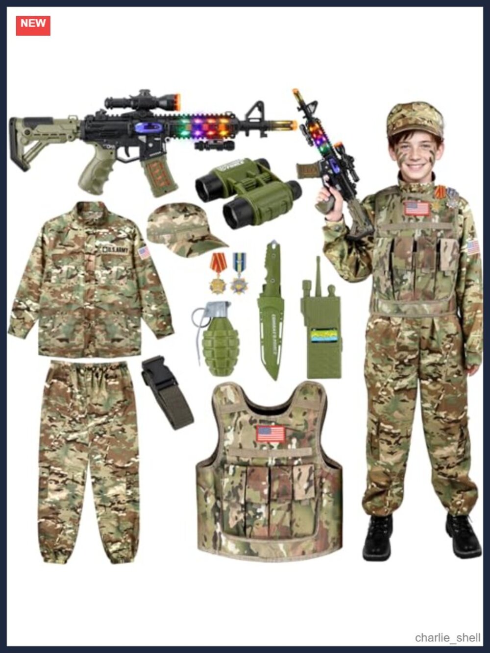 Kids Army Soldier Costume Set 5-Piece Camo Vest Jacket Pants Hat Belt Toy Props